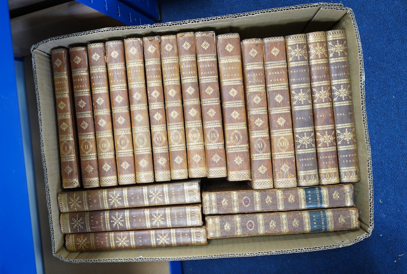 Bindings - Burke, Edmund - The Works, 12 vols, 8vo, calf, London, 1813-15; Watson, Robert - The History of the Reign of Philip the Second, King of Spain, 3 vols, 6th edition, 8vo, diced calf, London, 1803; [Castera, Jean